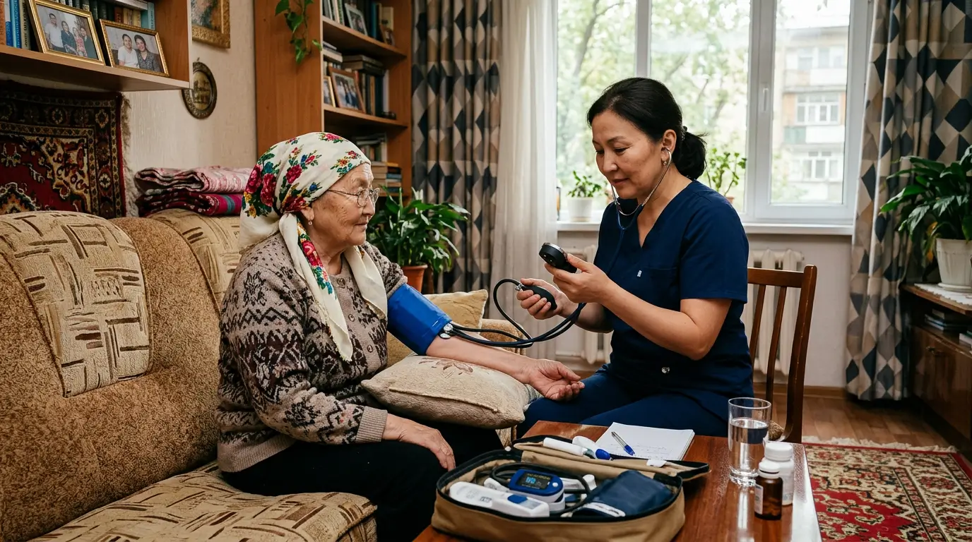 Кардиолог измеряет давление на дому в Алматы